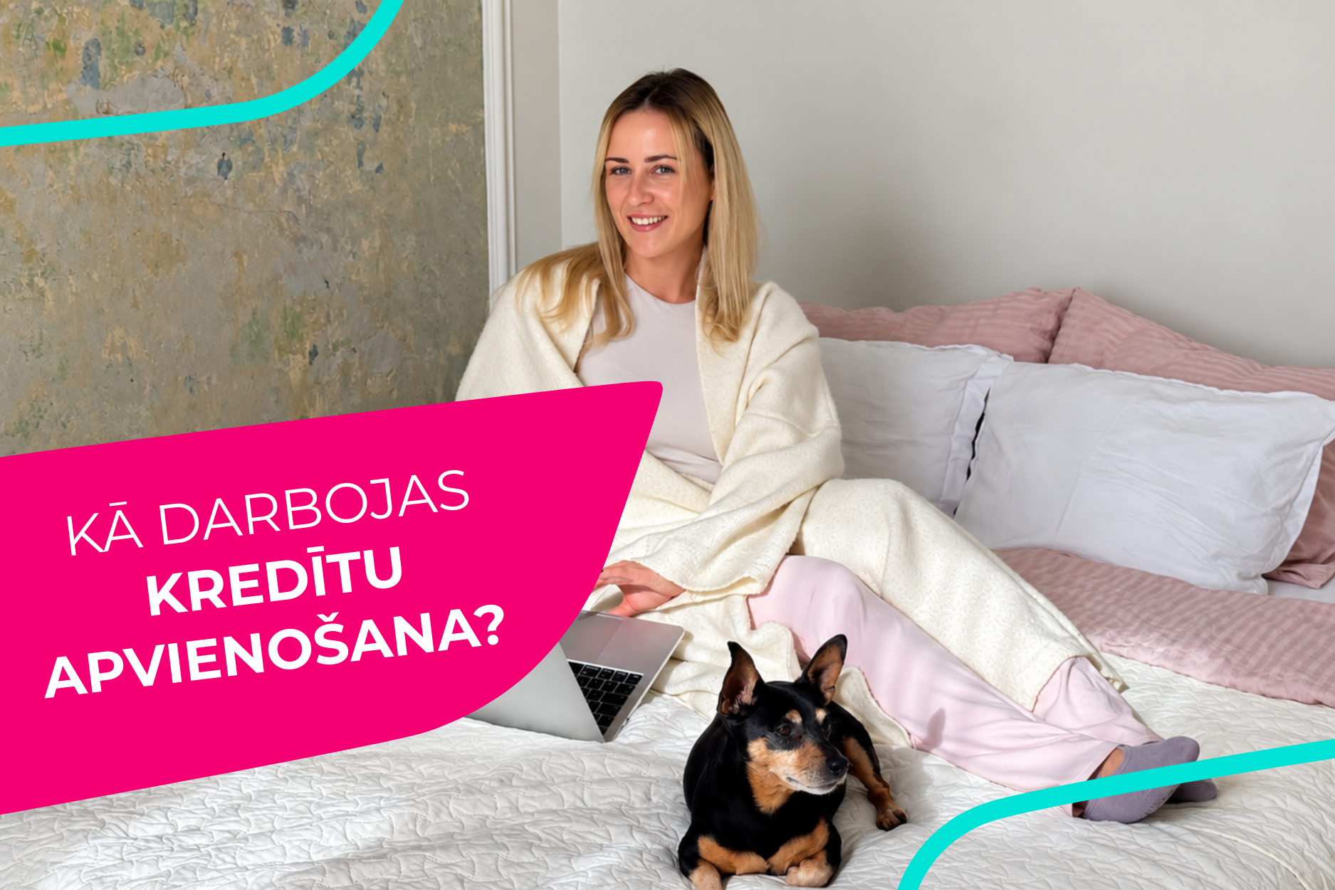 Sieviete ar suni mājās. Interesējas par kredītu apvieno&scaron;anu