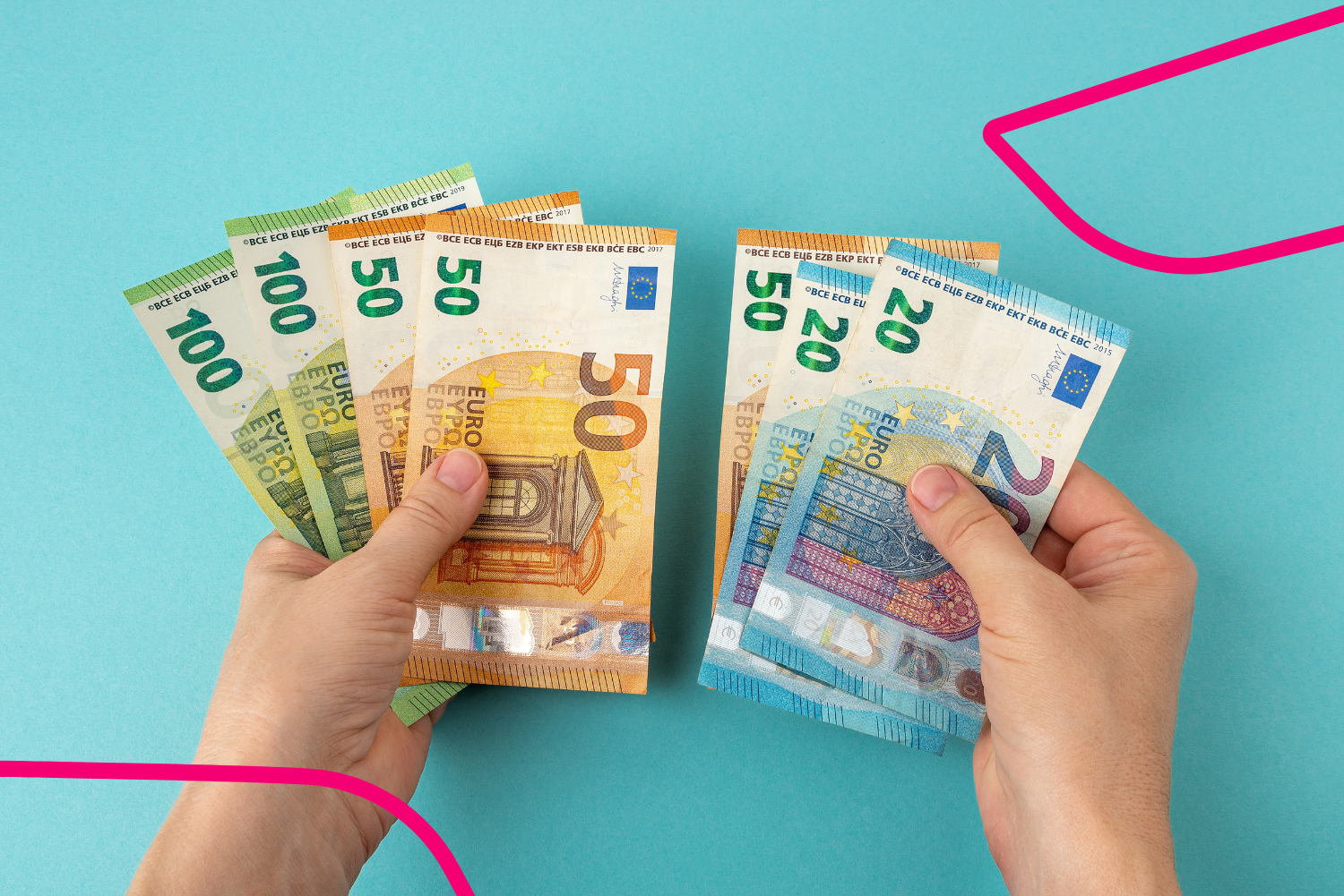 Skaita naudu. Eiro banknotes.